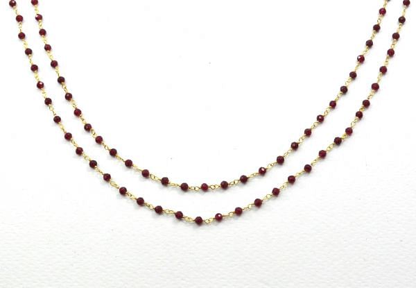 Beautiful 925 Sterling Silver Gold Rosary Chain Studded With Red Garnet, 3mm - Sold By Foot, ROS2-5317