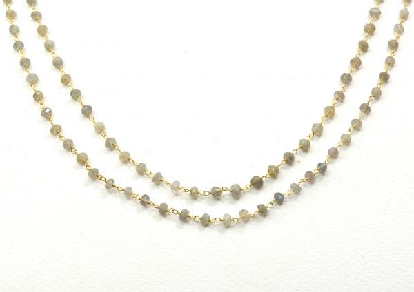 925 Sterling Silver Gold Roundel Shape Rosary Chain With Labradorite Stone in 3.50mm - Sold By Foot, ROS2-5333