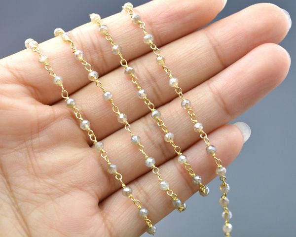 Beautiful  925 Gold Sterling Silver Rosary Chain With Labradorite Coated in Round Shape - 3mm,Sold By Foot, ROS2-5334