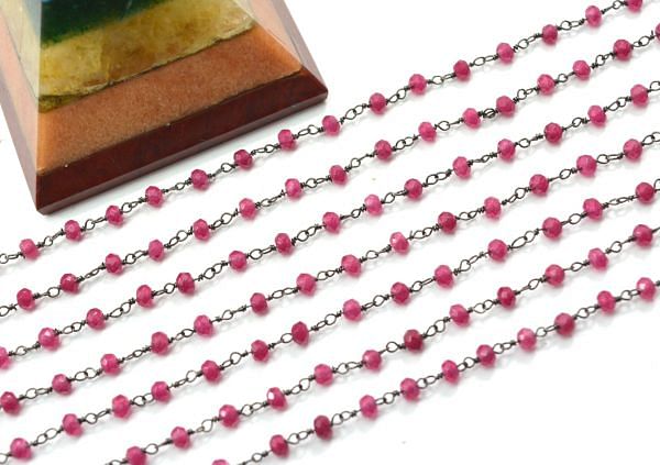 925 Sterling Silver Amazing Rosary Chain With Pink Tourmaline Jade Stone, 3mm - ROS2-5235
