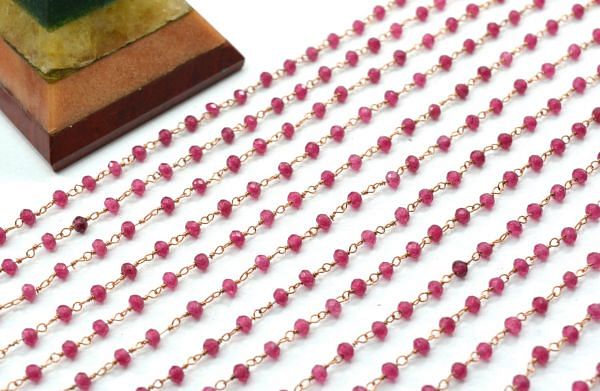 925 Sterling Silver Amazing Rosary Chain With Pink Tourmaline Jade Stone, 3mm - ROS2-5235