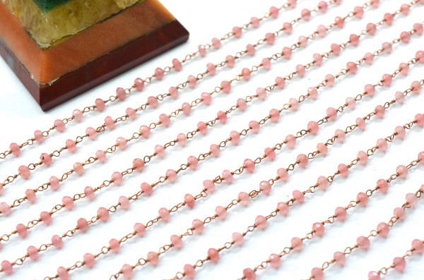 Elegant 925 Sterling Silver Rose Chalcedony Jade Rosary Chain in 3mm Size - Sold By Foot, ROS2-5338