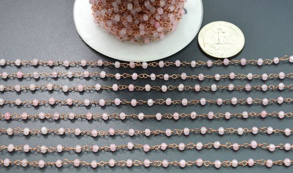 925 Sterling Silver Gorgeous Rosary Chain in Roundel Shape - Rose Quartz Jade Stone(3mm), Sold By Foot, ROS2-5340