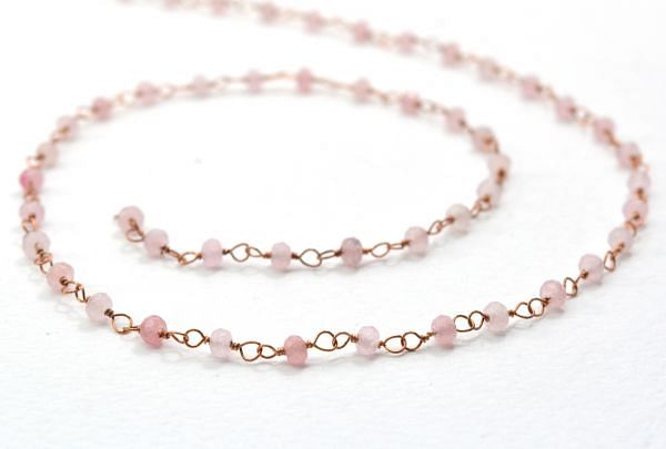 925 Sterling Silver Gorgeous Rosary Chain in Roundel Shape - Rose Quartz Jade Stone(3mm), Sold By Foot, ROS2-5340