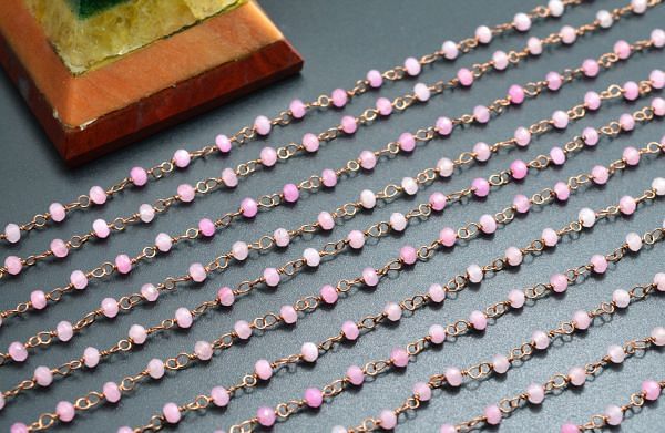 Splendid 925 Sterling Silver Gold Rosary Chain Studded With Hot Pink Jade Stone in 3mm Size - Sold By Foot, ROS2-5341 