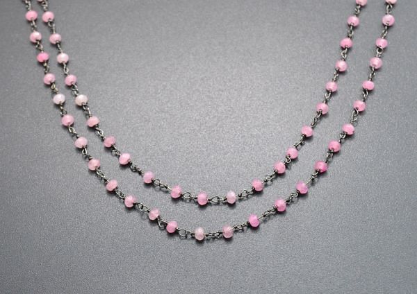 Splendid 925 Sterling Silver Gold Rosary Chain Studded With Hot Pink Jade Stone in 3mm Size - Sold By Foot, ROS2-5341 