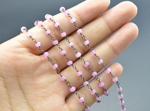 925 Sterling Silver Gold Rosary Chain With Roundel Shape - Hot Pink Jade Stone(3mm),Sold By Foot, ROS2-5343