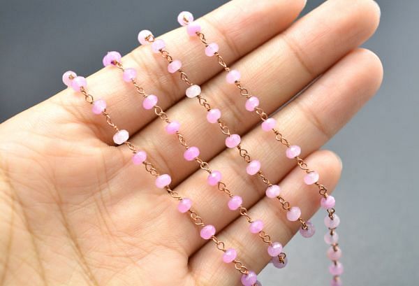 925 Sterling Silver Gold Rosary Chain With Roundel Shape - Hot Pink Jade Stone(3mm),Sold By Foot, ROS2-5343