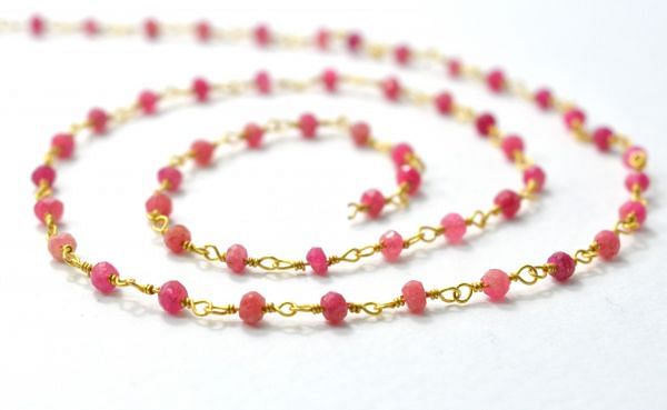 Stunning 925 Gold Sterling Silver Roundel Shape Rosary Chain in Pink Chalcedony - 3mm, Sold By Foot, ROS2-5346  