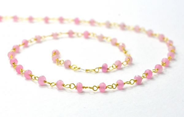 925 Sterling Silver Gold Ravishing  Rosary Chain With Hot Pink Jade in 3mm,Sold By Foot, ROS2-5347