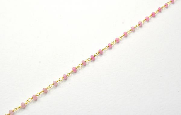 925 Sterling Silver Gold Ravishing  Rosary Chain With Hot Pink Jade in 3mm,Sold By Foot, ROS2-5347