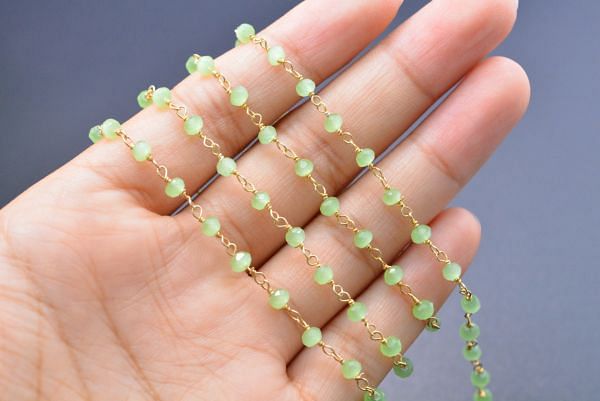 925 Gold Plated Sterling Silver Gorgeous Rosary Chain With Prehnite Chalcedony - 3mm, Sold By Foot, ROS2-5355