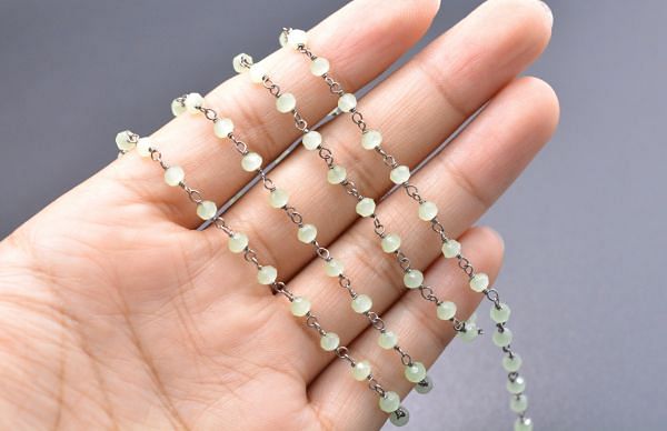 925 Sterling Silver Gold Rosary Chain With Prehnite Chalcedony in Round Shape - 3mm, ROS2-5357 