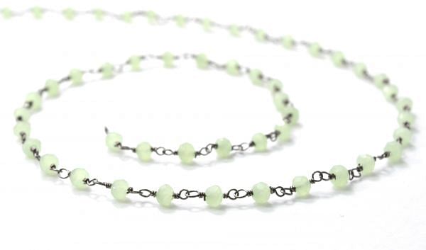 925 Sterling Silver Gold Rosary Chain With Prehnite Chalcedony in Round Shape - 3mm, ROS2-5357 