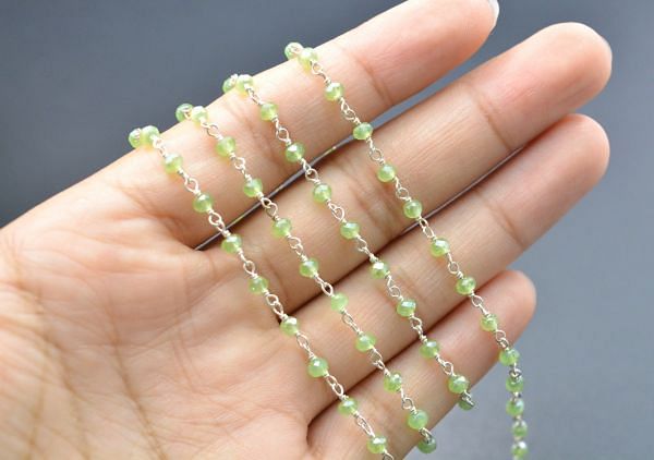 Beautiful 925 Sterling Silver Gold Rosary Chain in 3mm - Prehnite Chalcedony Coated,  ROS2-5360    