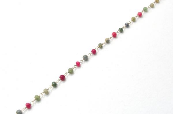 Handmade Roundel Shape  925 Sterling Silver Rosary Chain With Emerald, Ruby And Sapphire - 3mm,  ROS2-5362
