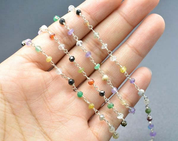 925 Gold Sterling Silver Rosary Chain Studded With Multi Stone in 2mm - Sold By Foot, ROS2-5365