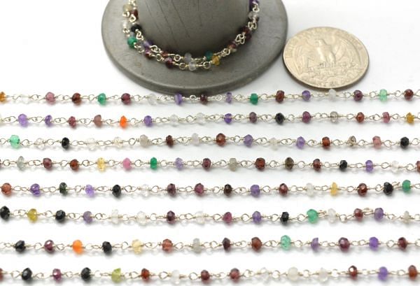 925 Sterling Silver Rosary Chain in Roundel Shape - Multi Stone(3mm), Sold By foot, ROS2-5369