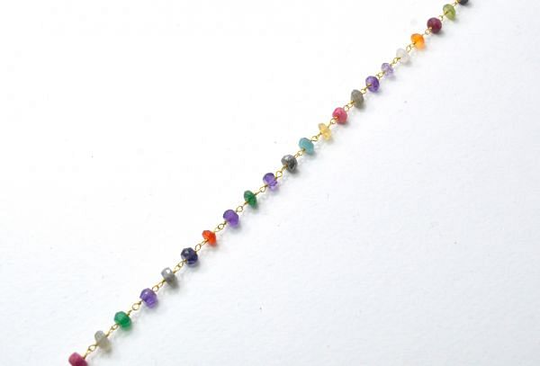 925 Sterling Silver Rosary Chain Studded With Multi Stone in 4mm, Sold By Foot, ROS2-5374