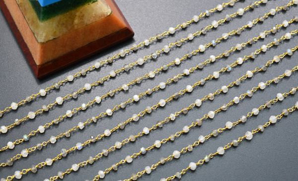 925 Gold Sterling Silver Rosary Chain in Roundel Shape - Moonstone And Labradorite(3mm), .Sold By Foot , ROS2-5375