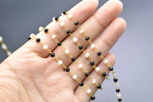 Beautiful 925 Gold Sterling Silver Rosary Chain With Moonstonea and Black Spinel Stone - 3mm, ROS2-5277  