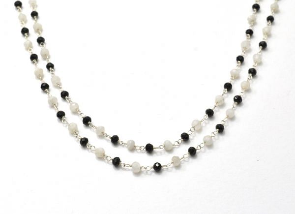 Beautiful 925 Gold Sterling Silver Rosary Chain With Moonstonea and Black Spinel Stone - 3mm, ROS2-5277  