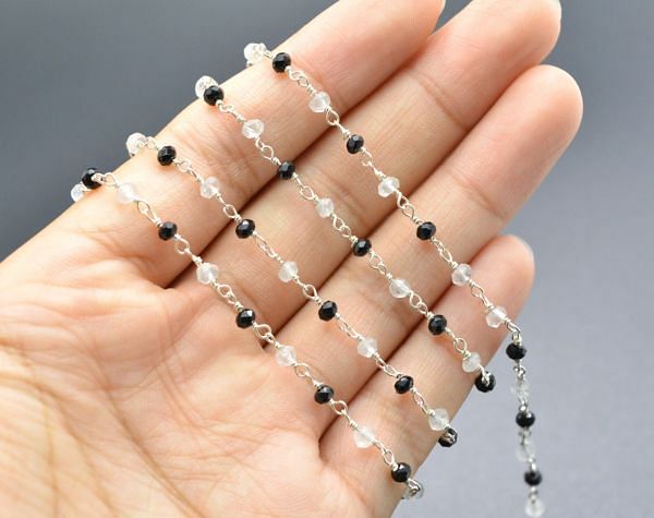 Lovely 925 Starling Silver Gold Rosary Chain With Black Spinel And Crystal Stone, ROS2-5379  