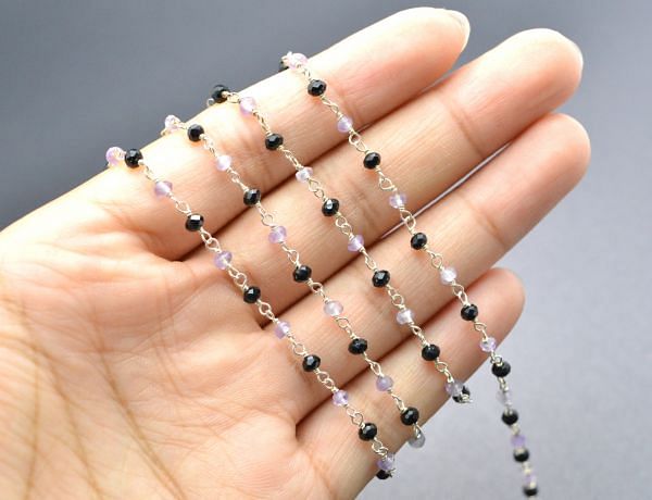  925 Sterling Silver Gold Rosary Chain - Black Spinel And Amethyst(3mm),Sold By foot, ROS2-5380 