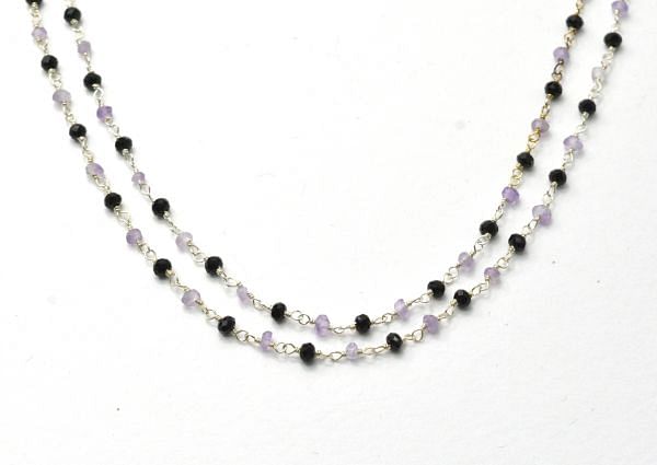  925 Sterling Silver Gold Rosary Chain - Black Spinel And Amethyst(3mm),Sold By foot, ROS2-5380 