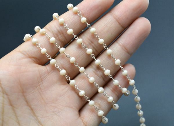 Handcrafted  925 Sterling Silver Gold Rosary Chain With Peach Chalcedony in 3mm Size,ROS2-5383  