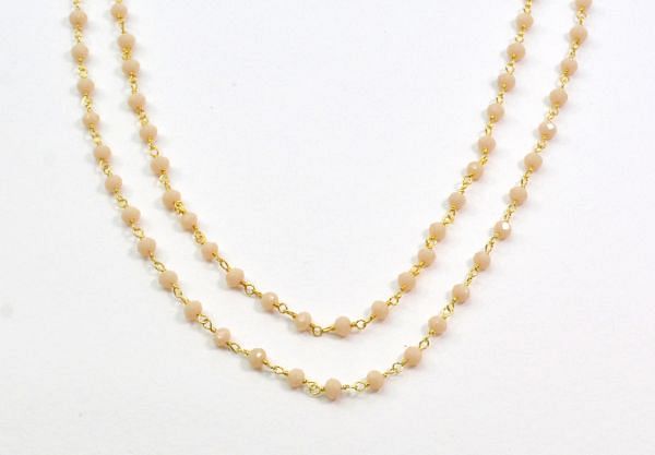 Elegant 925 Sterling Silver Gold Peach Chalcedony Stone Rosary Chain - Sold By Foot, ROS2-5387