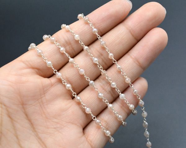 Beautiful 925 Sterling Silver Gold Round Ball Shape Rosary Chain in Peach moonstone Coated - 3mm, Sold By Foot, ROS2-5388  