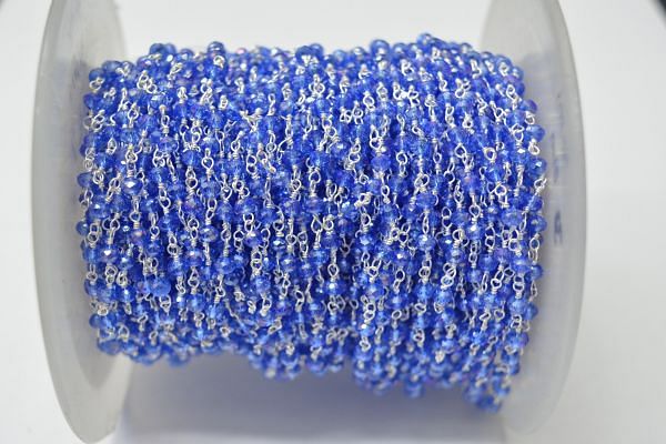 925 Gold Plated Sterling Silver Stunning 3.00 mm Blue Sapphire Stone Wire Wrapped Rosary Chain. Sold By Foot, ROS2-5581