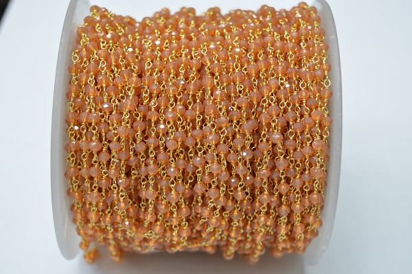 925 Gold Plated Sterling Silver Graceful 3.00 mm Orange Crystal Coated Stone Wire Wrapped Rosary Chain. Sold By Foot, ROS2-5591