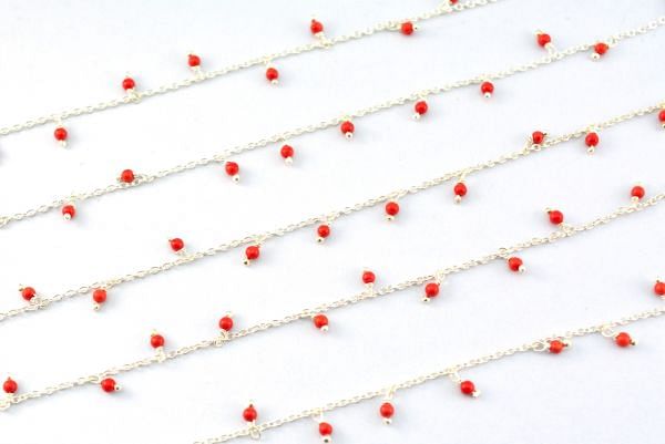 925 Sterling Silver Gold Rosary Chain With Coral in Round Ball Shape - 2mm Size, Sold By foot, ROS2-6064