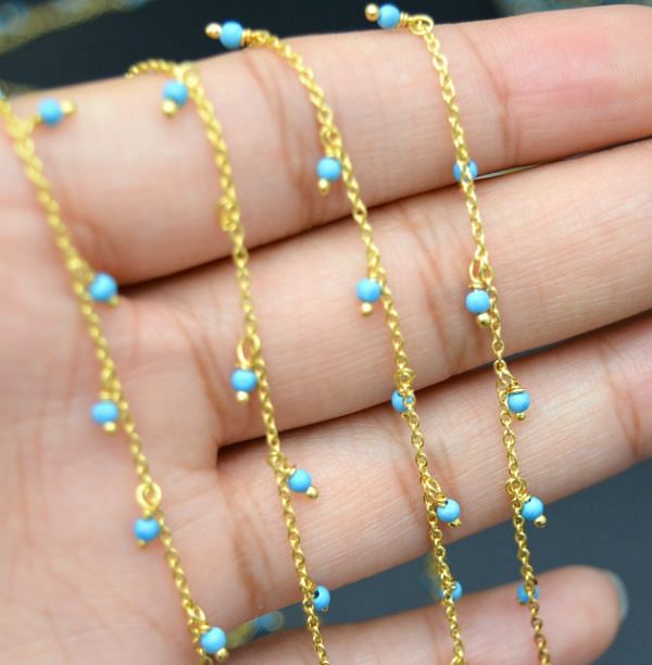 Beautiful 925 Sterling Silver Gold Rosary Chain in turquoise - Round in shape, 2mm - ROS2-6066  