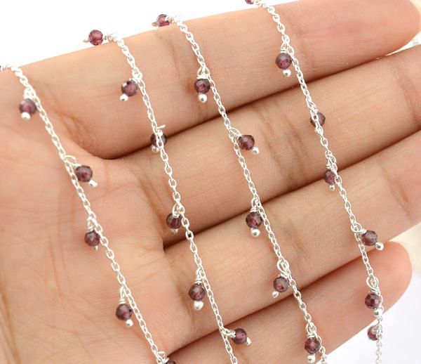 925 Sterling Silver Gold Rosary Chain Studded With Garnet in Round Shape - 2mm,ROS2-6068 