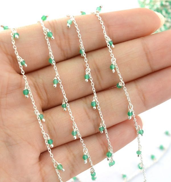 Glorious 925 Sterling Silver Gold Rosary Chain With Green Onyx Stone in Round Shape - 2mm Size ,ROS2-6070