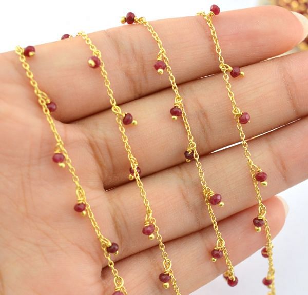  Amazing 925 Sterling Silver Gold Rosary Chain in Round Shape - Ruby Jade(2mm),ROS2-6072 