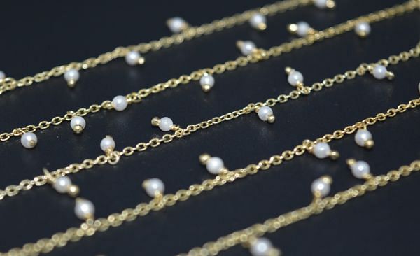 925 Sterling Silver Gold Rosary Chain in Round Shape With Pearl , 2mm Size - ROS2-6074