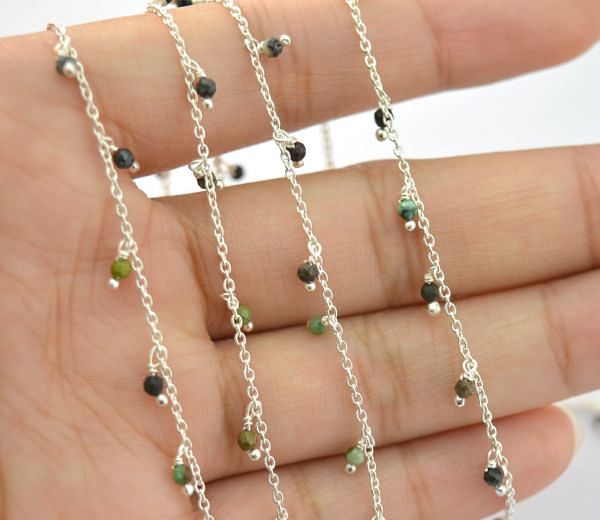 925 Sterling Silver Gold Rosary Chain Studded With Turquoise - 2mm, ROS2-6076 