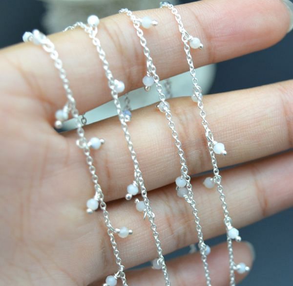 925 Sterling Silver Gold Round Rosary Chain With White Moonstone - 2mm, ROS2-6078