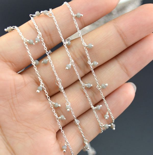 925 Sterling Silver Gold  Rosary Chain With Gray chalcedony in 2mm Size -Sold By foot, ROS2-6079