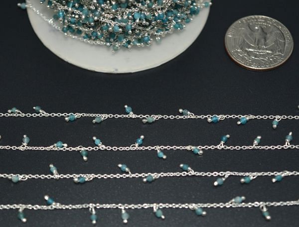 925 Sterling Silver Gold Rosary Chain Studded With Aquamarine - 2mm, ROS2-6084