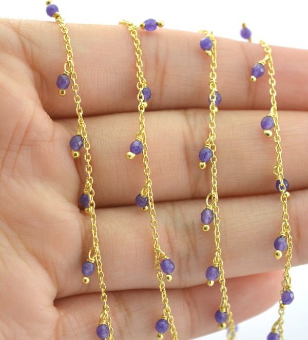   925 Sterling Silver Gold Amethyst Rosary Chain in 2mm Size,  Sold By foot, ROS2-6088
