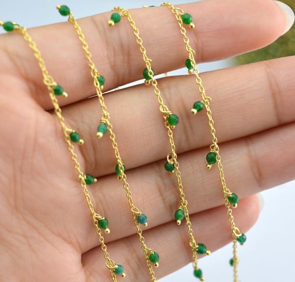 Handmade 925 Sterling Silver Gold Round Shape Rosary Chain in Emerald Stone - 2mm Size, ROS2-6090
