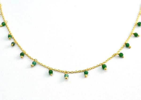 Handmade 925 Sterling Silver Gold Round Shape Rosary Chain in Emerald Stone - 2mm Size, ROS2-6090