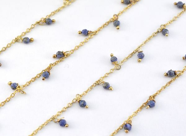 925 Sterling Silver Gold Rosary Chain Studded With Lapis in 2mm Size - Sold By foot, ROS2-6092