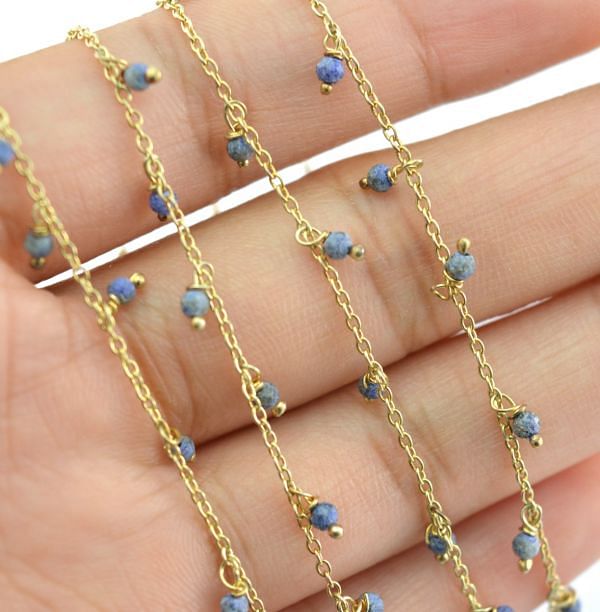 925 Sterling Silver Gold Rosary Chain Studded With Lapis in 2mm Size - Sold By foot, ROS2-6092