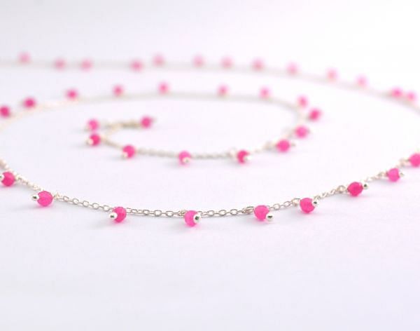 925 Sterling Silver Gold Hot pink chalcedony Rosary Chain - 2mm ,ROS2-6094 
